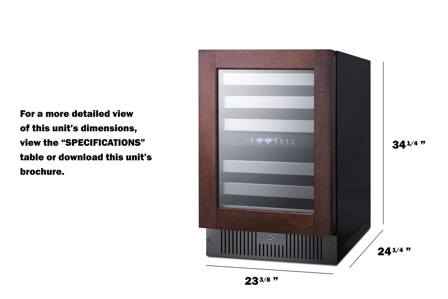 Dual zone built-in wine cellar designed for the display and refrigeration of beverages, with digital thermostat, panel-ready glass door, and black cabinet